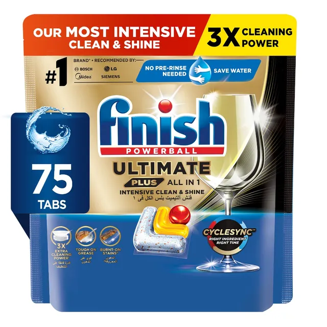 Finish Ultimate Plus Dishwasher Tablets Lemon Scent 3x More Cleaning Power 75 Tabs