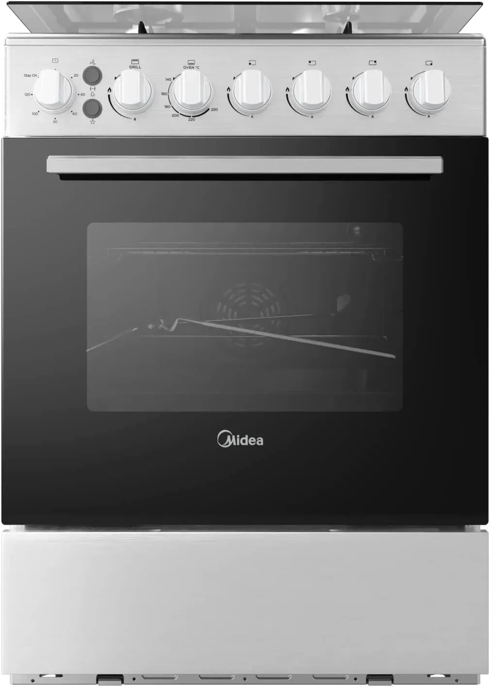 Midea طباخ قائم بذاته 60x60cm بمروحة حمل حراري، موقد غاز كامل بـ 4 شعلات، إشعال تلقائي وأمان كامل، دعامة حديد زهر، مقبض مزدوج للتحكم بالشواية والفرن، EME6060-C