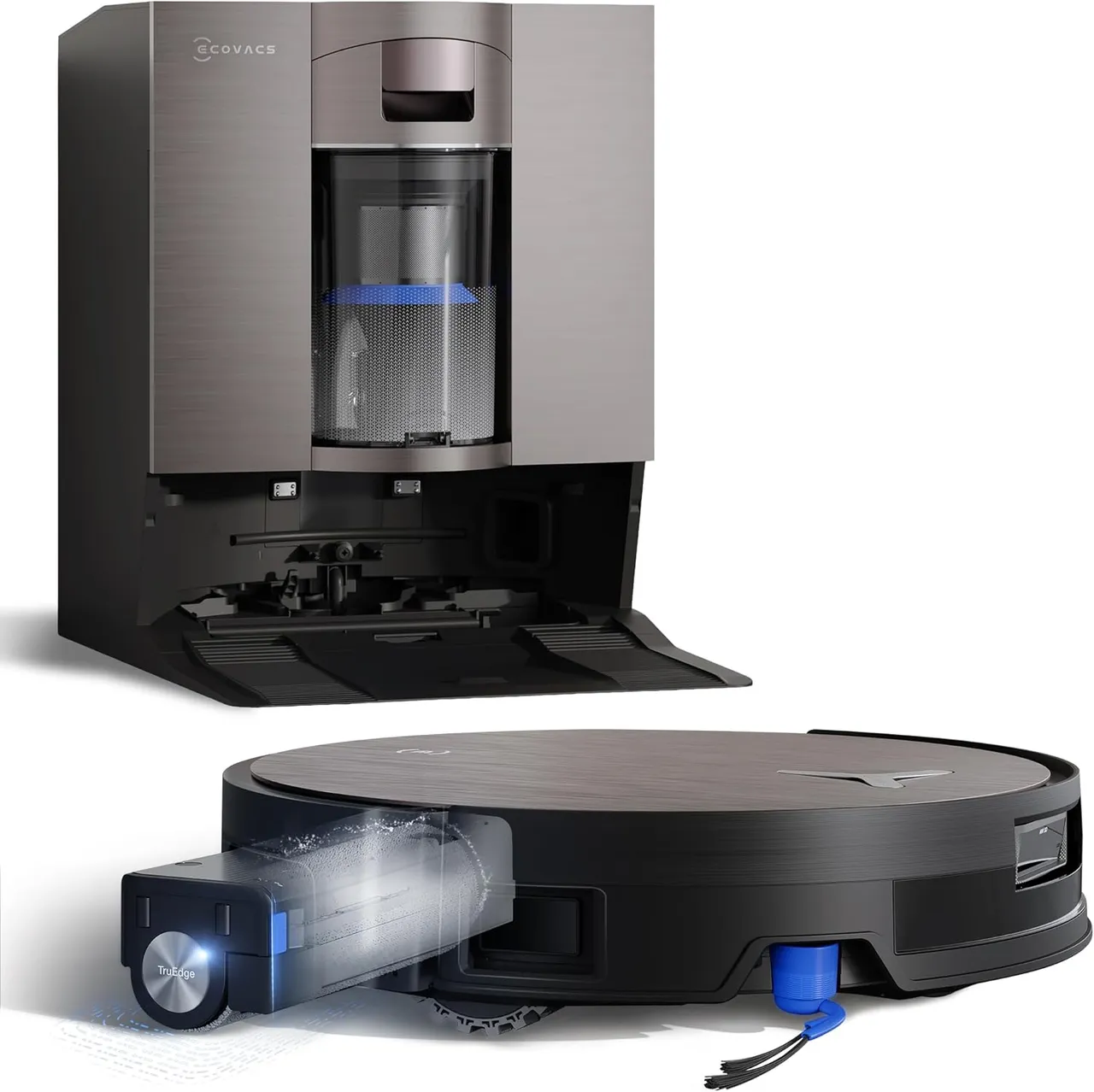 Ecovacs مكنسة وممسحة روبوت DEEBOT X11 OmniCyclone، شحن PowerBoost، ممسحة OZMO Roller 2.0 ذاتية الغسل الفوري، شفط 19,500Pa، محطة OmniCyclone بدون كيس، ملاحة ذكية AIVI 3D