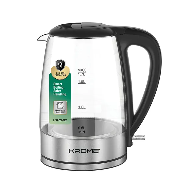 Krome Glass Kettle, 360° Rotational Base, Auto Shut-Off, Boil Dry Protection, KR-KTG100D