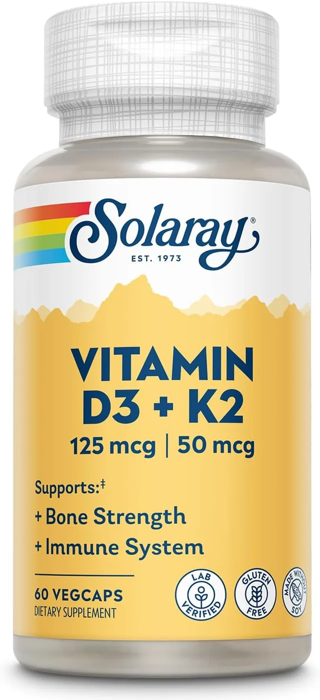 Solaray Vitamin D3 + K2 125MCG, 50MCG - 60 Vegetarian Capsules, Bone & Immune Support, 5000 Iu Vitamin D3, 50MCG Mk7 Vitamin K2, 60 Servings, Made Without Soy, Lab Verified
