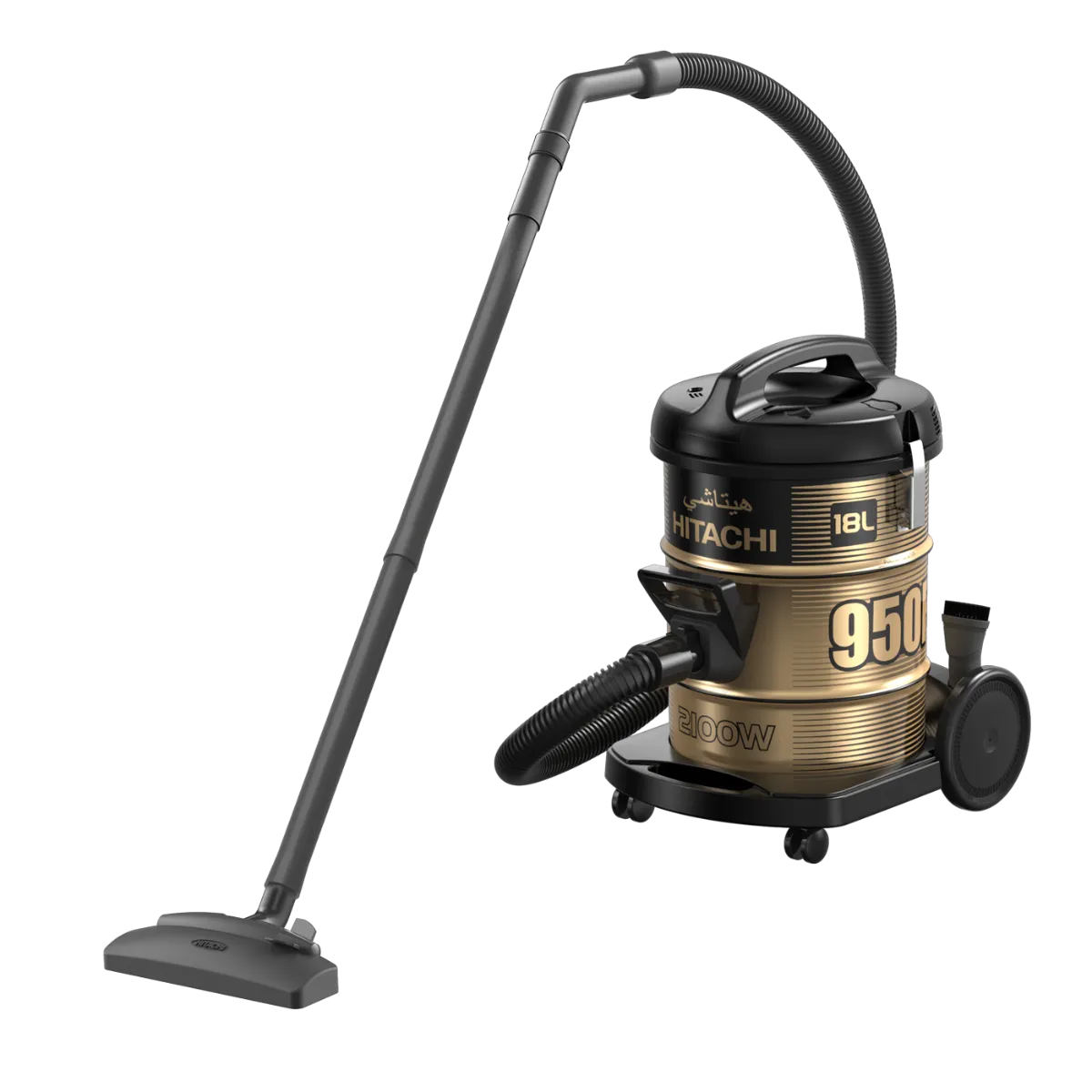 Hitachi مكنسة برميلية 2100 Watts بسعة خزان غبار 18 Liters مع سلك طاقة طويل 7.8M وفلتر قابل للإزالة والغسل وفوهة للسجاد والأرضيات للمنزل والمكتب والمسجد أسود - CV950F24CBSBK