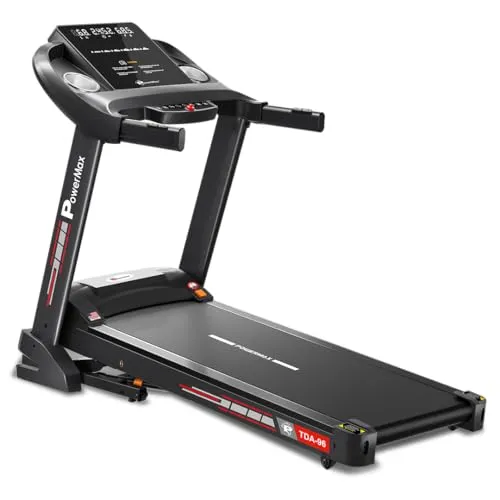 Powermax Fitness جهاز سير كهربائي Tda-96 بانحدار تلقائي للاستخدام المنزلي (4Hp Peak)‏ بلوتوث للموسيقى وتطبيق التتبع 12 برنامج معدل مسبقاً مستشعرات نبض وطي هيدروليكي