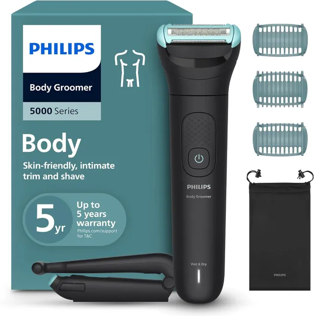 Philips Body Groomer BG5480/15, Trim & Shave Body Hair, 100% Waterproof, Close, Smooth Results, Foldable Back Attachment For Hard-To-Reach Areas, 2/3/5mm Combs, Up To 100 Min Cordless