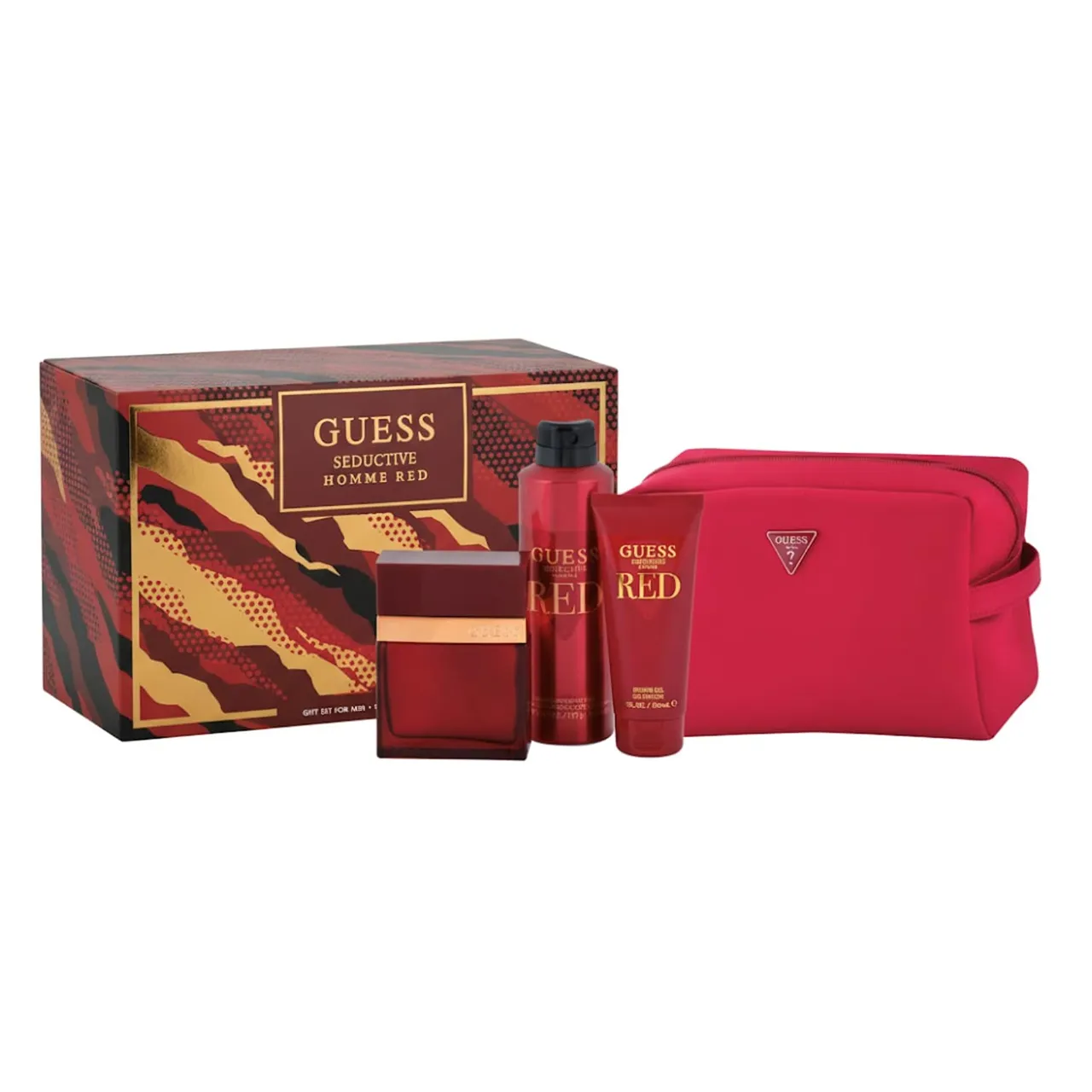 Guess طقم رجالي Seductive Red، أو دو تواليت، جل استحمام، بخاخ للجسم