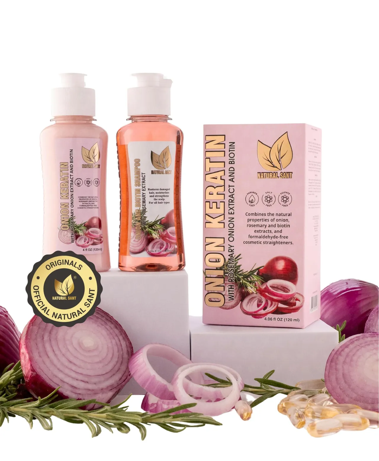 Natural Sant عبوة ثنائية Onion Keratin DuoBox إصلاح عميق وتنعيم للشعر الجاف التالف والتحكم في النفشة والحماية من الحرارة مع البيوتين والروزماري