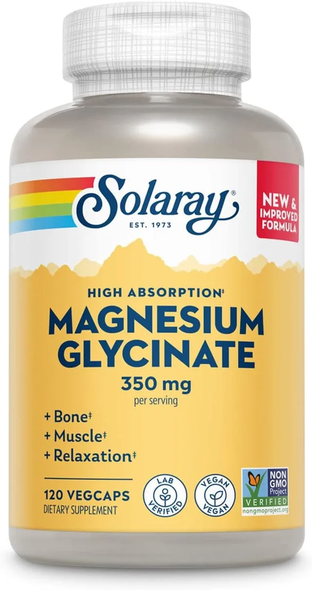 Solaray High Absorption Magnesium Glycinate, 350mg, 120 Vegcaps, Muscle, Bone & Heart Support, Chelated Magnesium Bisglycinate With Bioperine, 30 Servings, Vegan, Lab Verified
