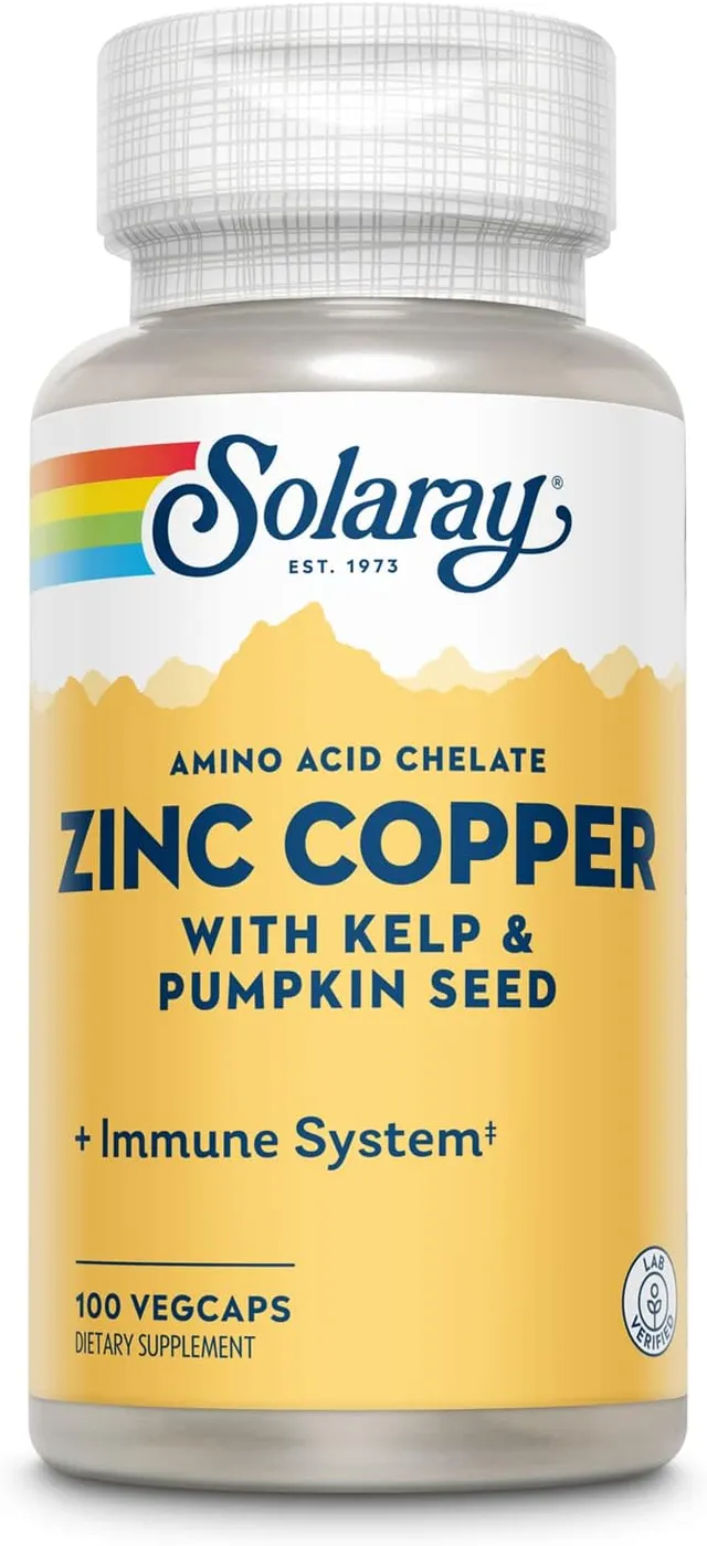 Solaray Zinc Copper Amino Acid Chelates, Healthy Cellular, Heart & Thyroid Function Support, Vegan, 100CT, 100 Serv., Immune, Bone & Thyroid Support, Chelated Zinc, 100 Servings
