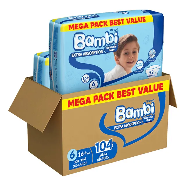 Sanita Bambi Dynamic Baby Diapers Double Extra Large Size 6 + Mega Pack 52 Diapers