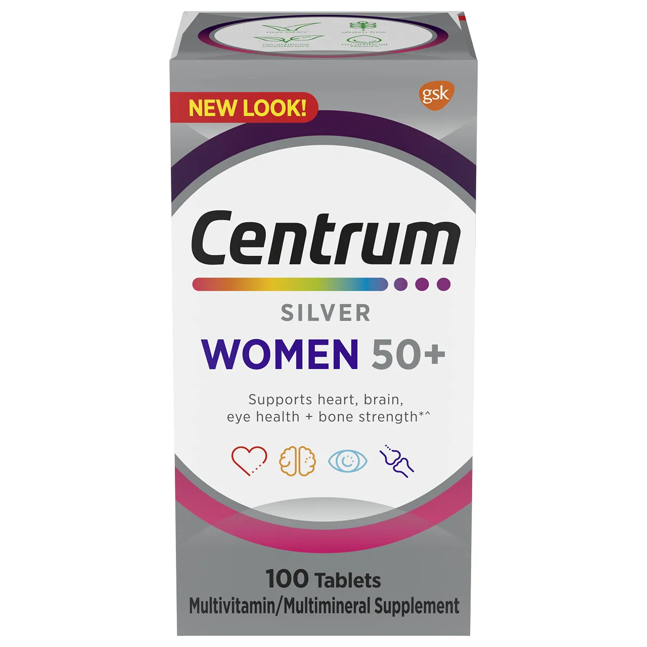 Centrum فيتامينات متعددة للنساء فوق 50 Silver، مكمل فيتامينات ومعادن مع فيتامين D3 وفيتامينات B، مكونات غير معدلة وراثيا، يدعم الذاكرة والإدراك لدى كبار السن، 100 قرص