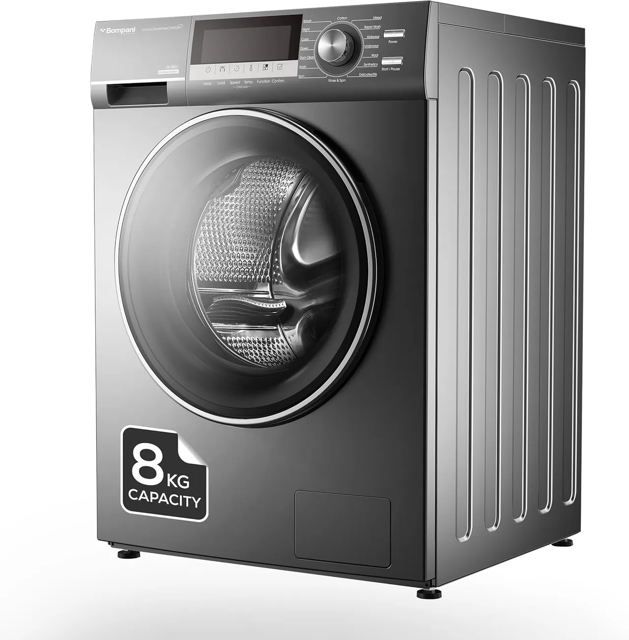 Bompani غسالة تحميل أمامي، قفل باب كهرومغناطيسي، موتور BLCD Inverter، شاشة LED، 16 برنامج، 1400RPM، تقييم 4 نجوم، حلة ستانلس ستيل 2000 W BO3003N رمادي داكن