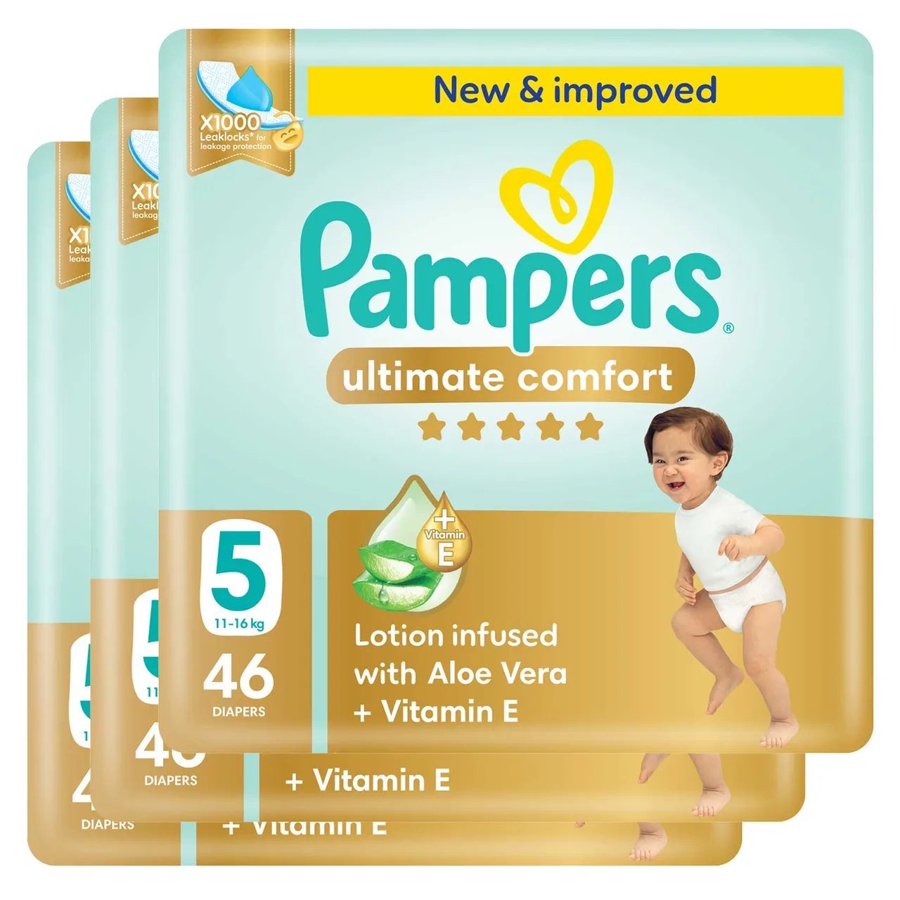 Pampers حفاضات Ultimate Comfort بالألوفيرا وفيتامين E مقاس 5 11-، عبوة ضخمة 46 حفاضة