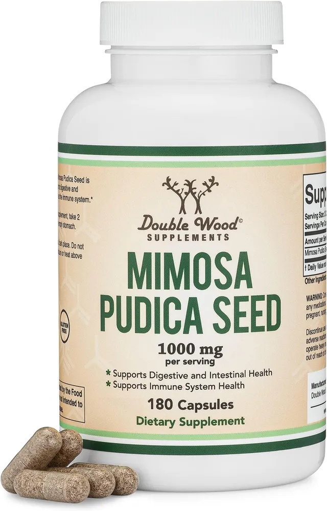Double Wood Supplements Mimosa Pudica Seed Capsules (180 Capsules, 3 Month Supply) 1000mg per Serving for Intestinal Support and Parasite Cleanse for Adults, Made and Tested in The USA
