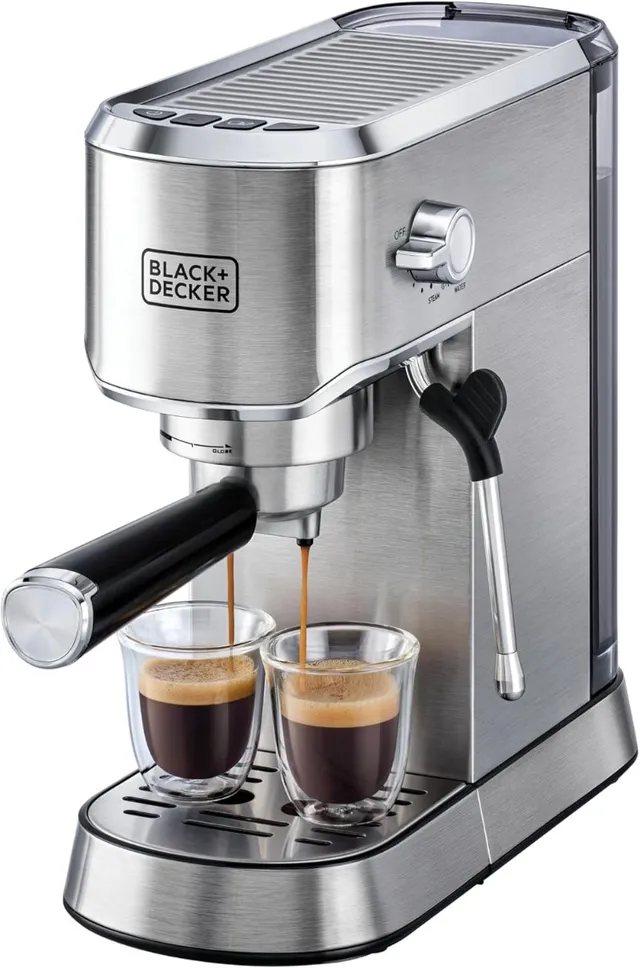 Black+Decker 15-BAR Espresso Coffee Machine with Milk Frothier 1450W Power Ideal for Cappuccino Latte Americano Macchiato Thermo block Heating Dual-Level Drip Tray Ð Silver ECM150-B5