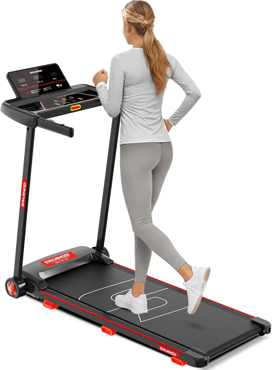 Sparnod Fitness جهاز مشي قابل للطي STH-1150 بمحرك DC بقدرة 2.5HP، سرعة 1.0-14 km/h، انحدار يدوي، 12 برنامجا جاهزا، مكبرات صوت بلوتوث، شاشة LED ومستشعر نبض القلب - تصميم مدمج قابل للطي للاستخدام المنزلي