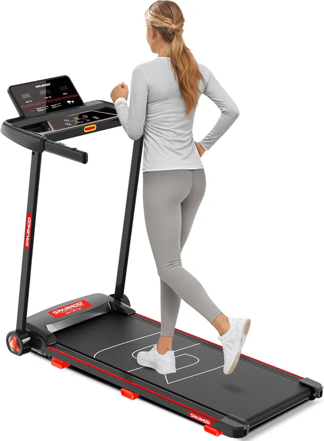 Sparnod Fitness STH-1150 Folding Treadmill with 2.5HP DC Motor, Speed Range 1.0–14 km/h, Manual Incline, 12 Preset Programs, Bluetooth Speakers, LED Display & Heart Rate Sensor – Compact, Foldable Design for Home Use