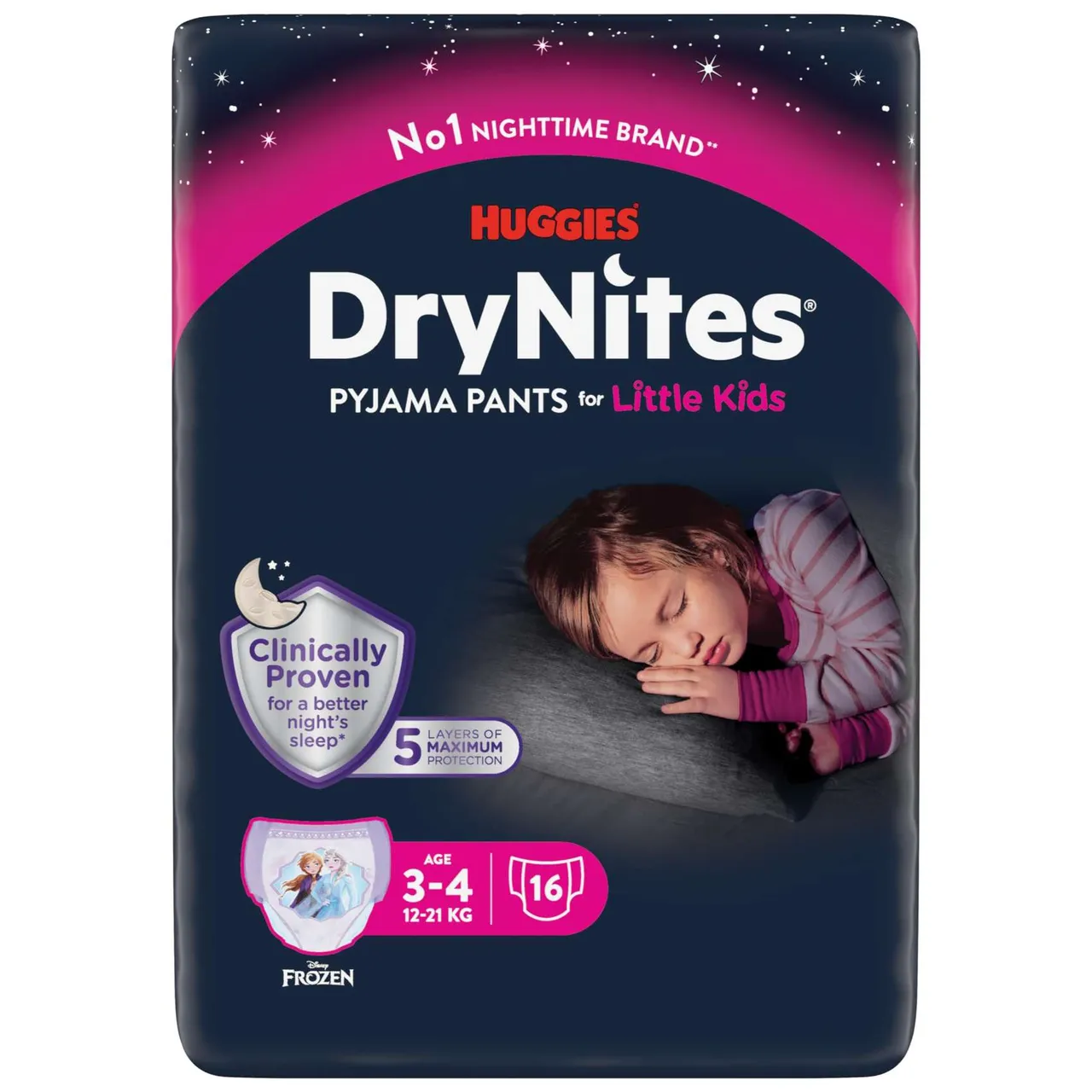 Huggies سروال بيجامة DryNites للبنات 12- من 3 إلى 4 سنوات عبوة جامبو 16 سروال