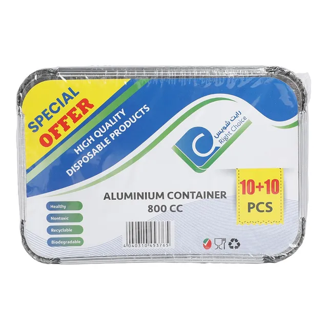 Right Choice Disposable High Quality Aluminium Container 800CC with Lid - 20 Pieces