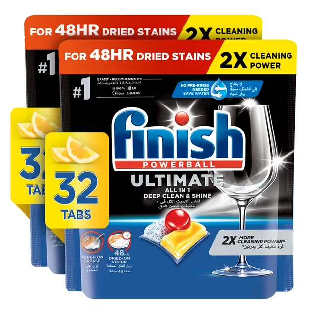 Finish Ultimate Dishwasher Tablets Lemon Sparkle Scent 2x More Cleaning Power 64 Tabs