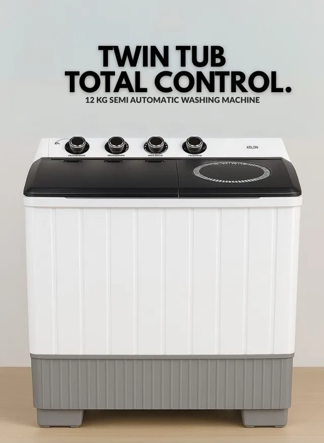 Kelon Semi-Automatic Washing Machine – Twin Tub Design, High-Capacity Wash And Spin, Powerful Pulsator, Water And Energy Efficient, Low Noise Operation, White – KWSBE121 White
