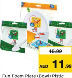 Fun اطباق فوم + اوعية + ملاعق بلاستيك + مناديل