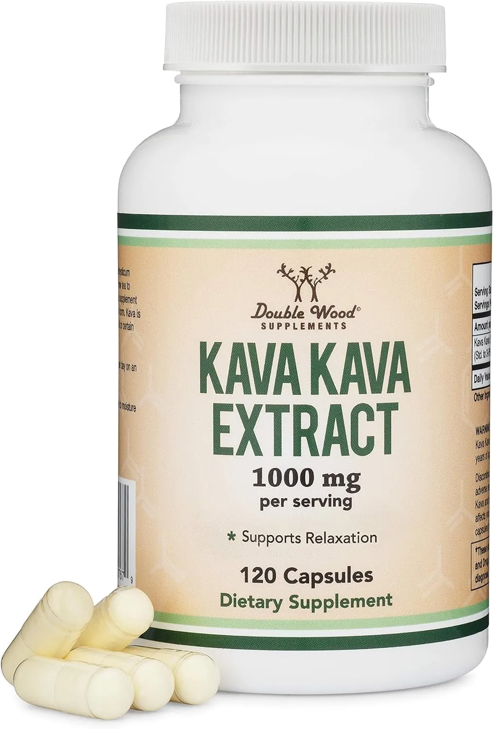 Double Wood Supplements كبسولات الكافا كافا 1,000mg لكل حصة 120 كبسولة (مستخلص جذر عالي النقاء 3-5% كافالاكتونات) للاسترخاء (غير معدل وراثيا ومناسب للنباتيين)