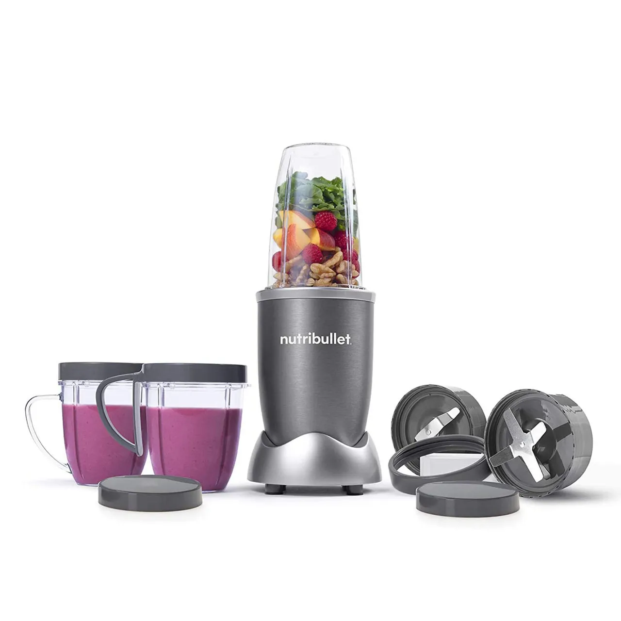 Nutribullet خلاط عالي السرعة متعدد الوظائف، 600 W، مع 9 قطع ملحقات، رمادي، NBR-1212M