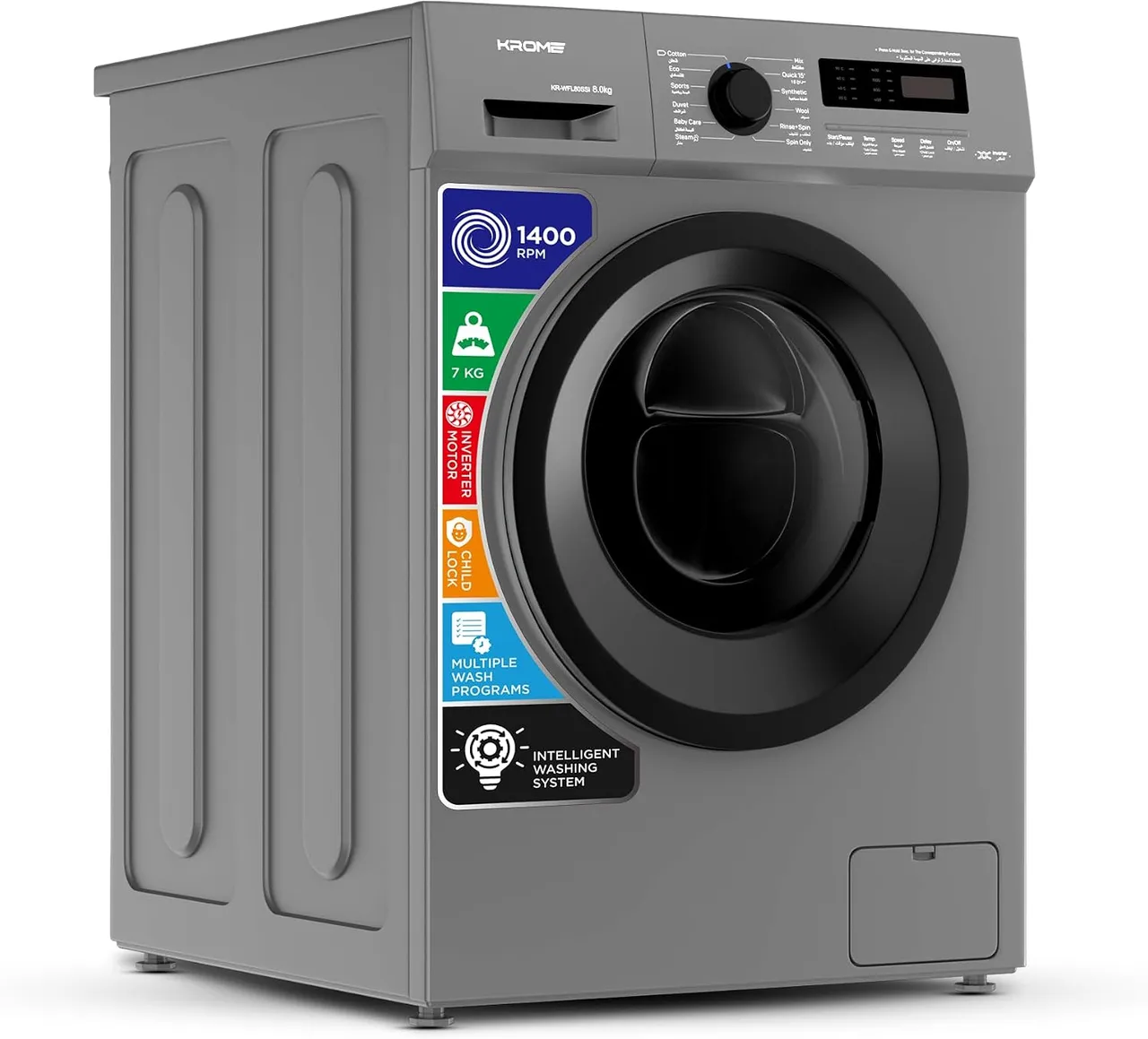 Krome Front Load Washing Machine, BLDC Inverter Motor,1400 RPM,15 Programs, Fully Automatic with Lunar Dial,5 Star Energy Rating, LED Display, Multiple Temperature, Titanium,1 year warranty-KR-WFL80SSI
