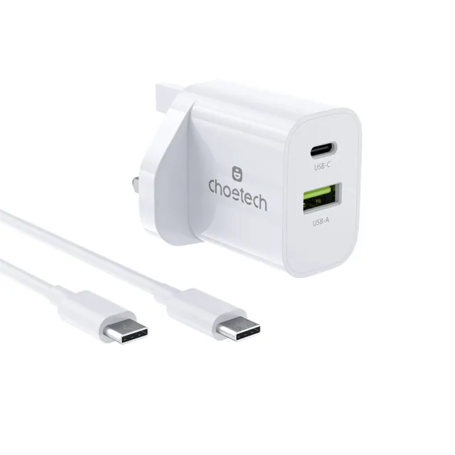 Choetech 30W USB-C and USB-A Wall Charger, 1m Cable, White, PD9009