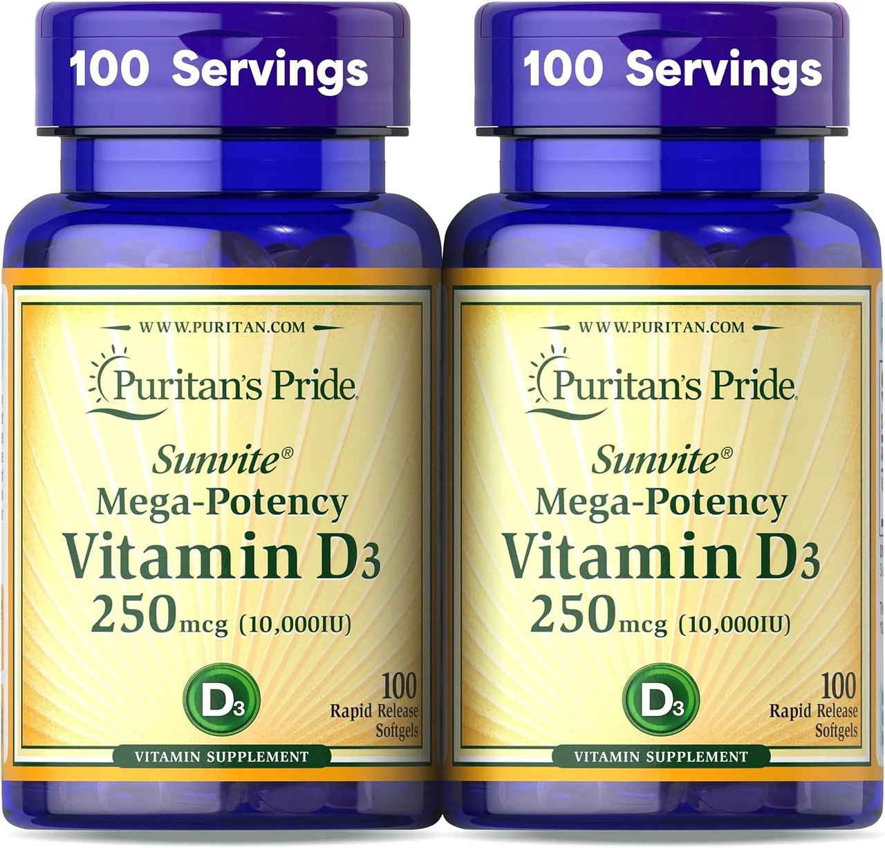 Puritan'S Pride Sunvite Mega-Potency فيتامين D3 بقوة 10,000 Iu، مكمل غذائي لصحة العظام والأسنان ودعم الجهاز المناعي، 100 كبسولة جيلاتينية سريعة الإطلاق