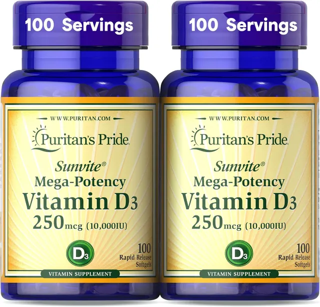 Puritan'S Pride Sunvite Mega-Potency Vitamin D3 10,000 Iu, Dietary Supplement For Healthy Bones, Teeth, And Immune System Support, 100 Rapid Release Softgels