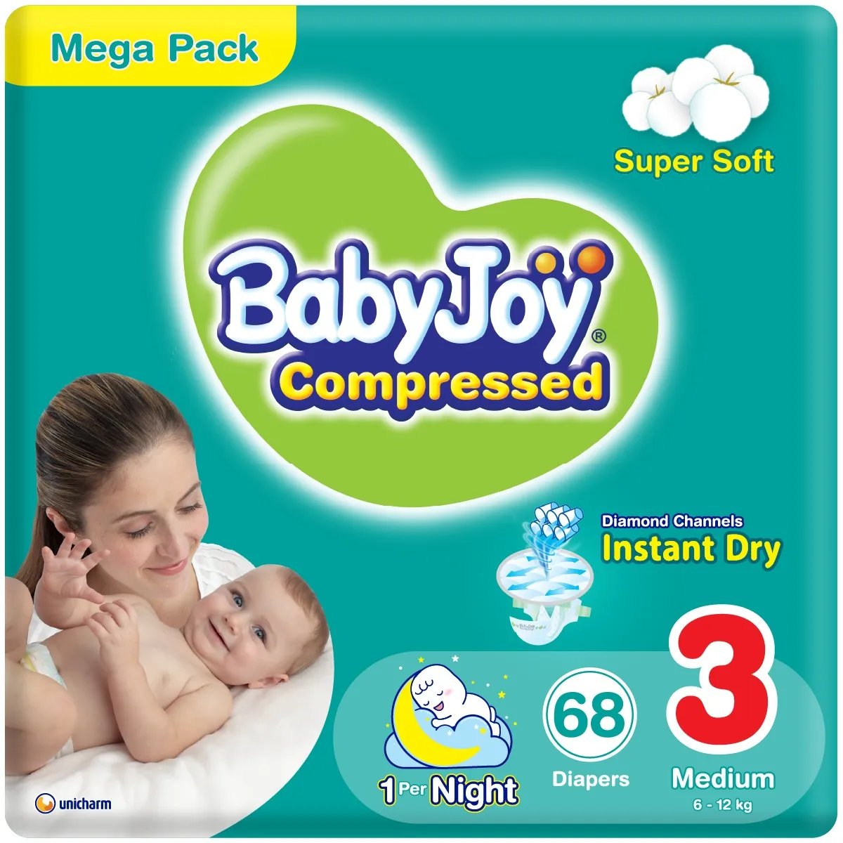 Baby Joy حفاضات مضغوطة وسط عبوة ميجا مقاس 3 (6- ) - 68 Pcs