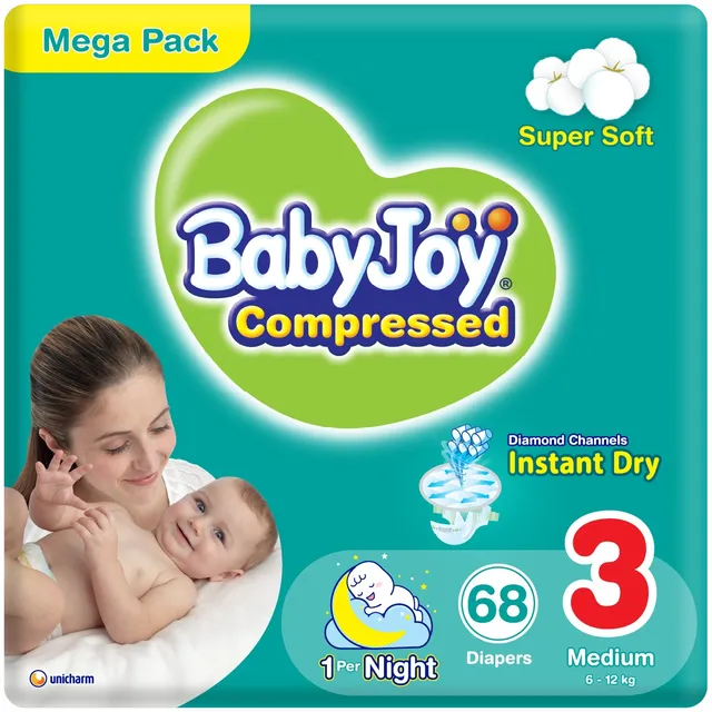 Baby Joy Compressed Diapers Medium Mega Pack Size 3 (6- ) - 68 Pcs