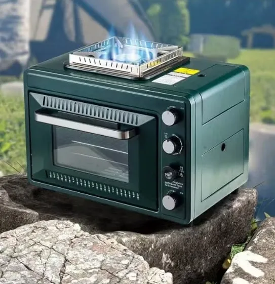Vistanics Outdoor Portable Gas Oven Stove Combo – Camping Baking Oven with Stove Top Burner, Grill Rack & Drip Tray – Compact Travel Cooking Appliance – Green