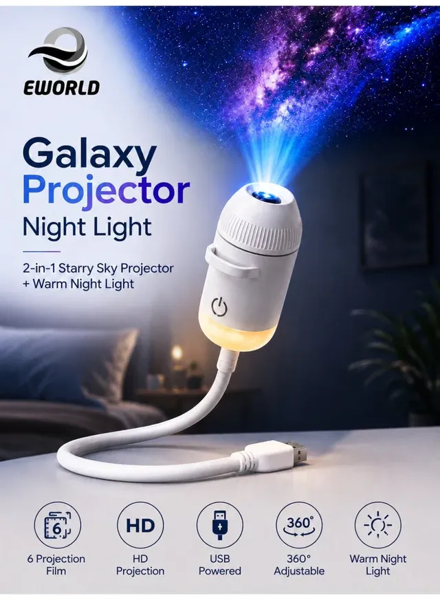 e world unbox happiness 2-in-1 Galaxy Projector & Night Light – HD Starry Sky Projector with 6 Projection Films & 360° Adjustable Design