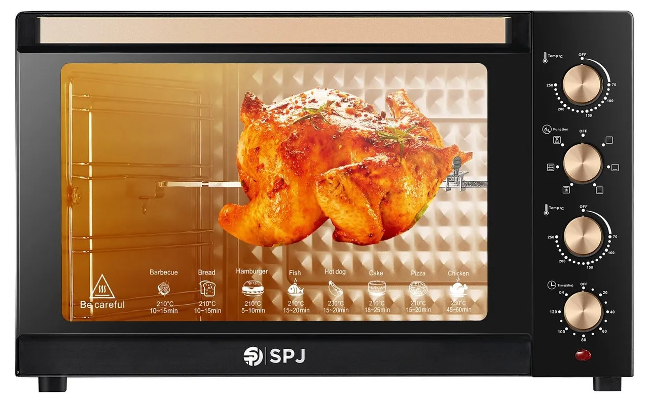 SPJ فرن كهربائي كبير السعة 2800W مع شواية دوارة وتسخين متساو 360° و7 مستويات طاقة ودرجة حرارة قابلة للتعديل 70-250°C ومؤقت وإضاءة داخلية وزجاج مقوى - أسود/بني