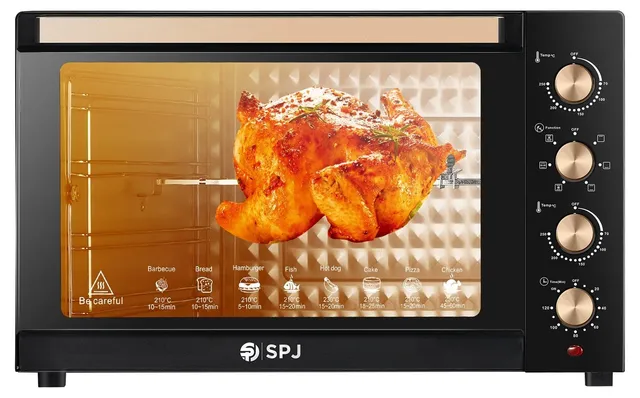 SPJ Large Capacity Electric Oven 2800W with Rotisserie Grill, 360° Even Heating, 7 Power Levels, Adjustable Temperature 70–250°C, Timer, Inner Light, Tempered Glass – Black/Brown