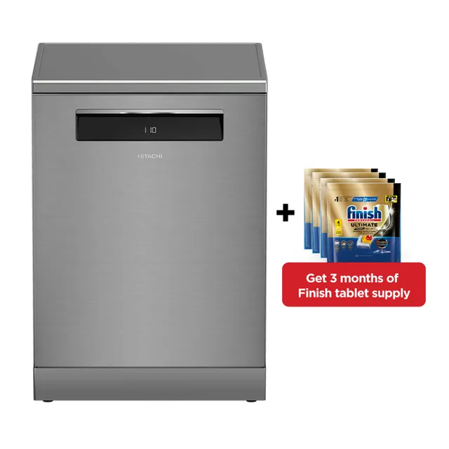 Hitachi Dishwasher, Freestanding, 15 Place Settings, 8 Programs, Auto, Intensive, Eco, Glass Care, Inverter Motor, Turbo Wash, Silent, Overflow Safety, Made in Turkey, Inox, HDF-F158CVX