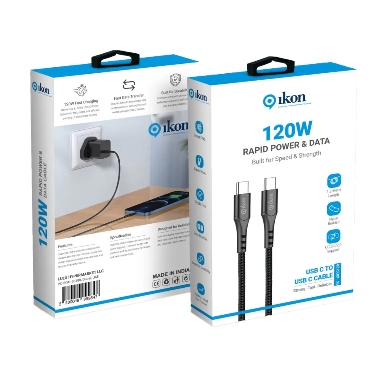 Ikon كابل USB Type-C إلى USB Type-C بقدرة 120W، 1.2 m، أسود/أبيض، IK-IDCC120