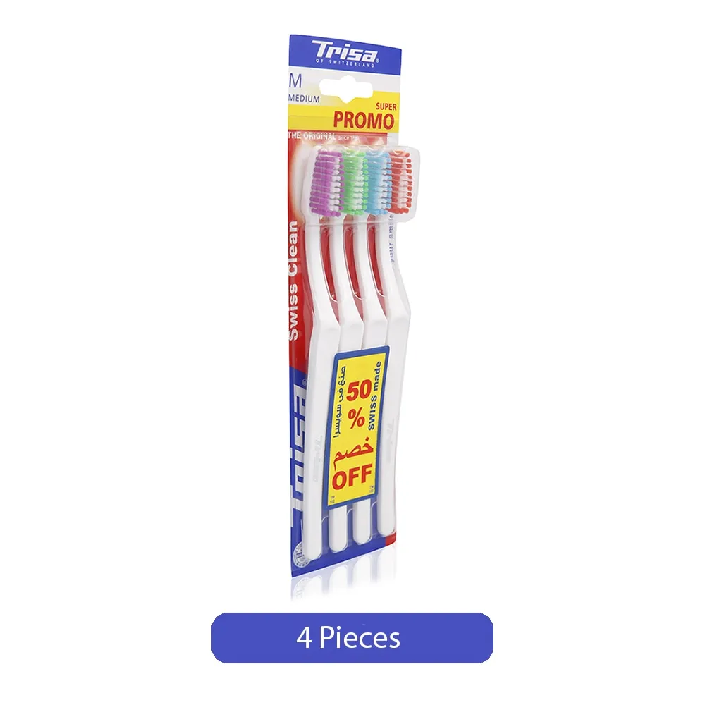 Trisa فرشاة أسنان سويسرية ناعمة للتنظيف عرض سوبر - متوسطة، 4 pcs