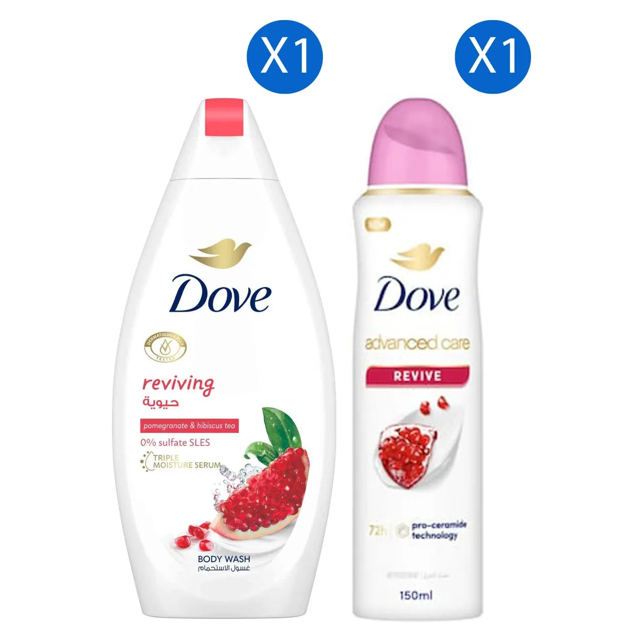 Dove غسول الجسم Go Fresh المنعش بالرمان وشاي الكركديه + بخاخ مزيل عرق مضاد للتعرق Advanced Care Revive