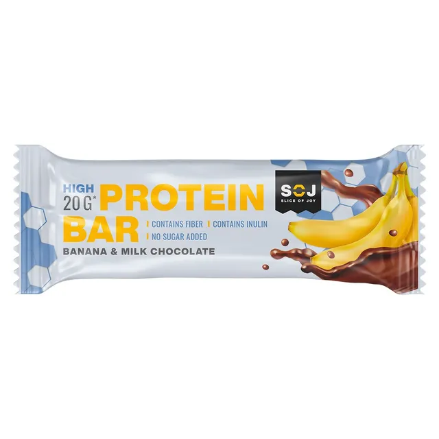 Soj PROTEIN BAR no sugar added banana flavored protein bar coated in milk chocolate