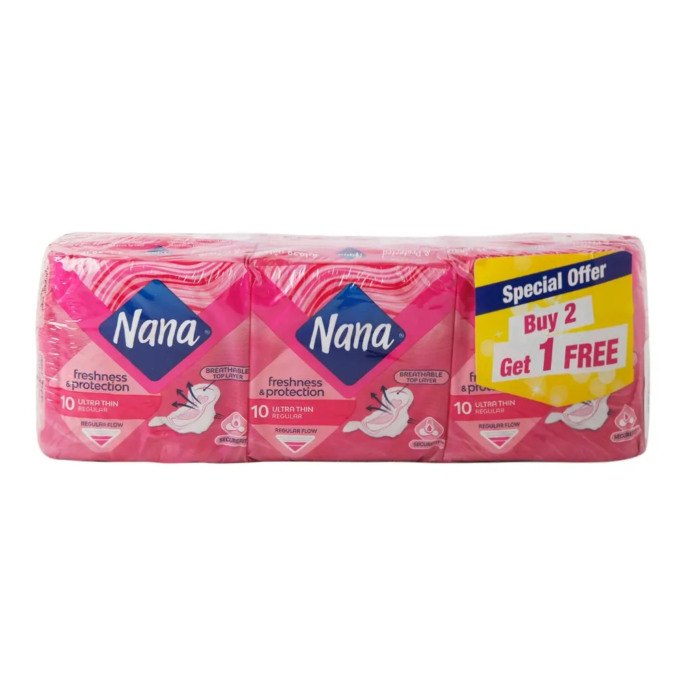 Nana فوط صحية رقيقة جدا عادية بالأجنحة للانتعاش والحماية، 3 x 10 Sheets