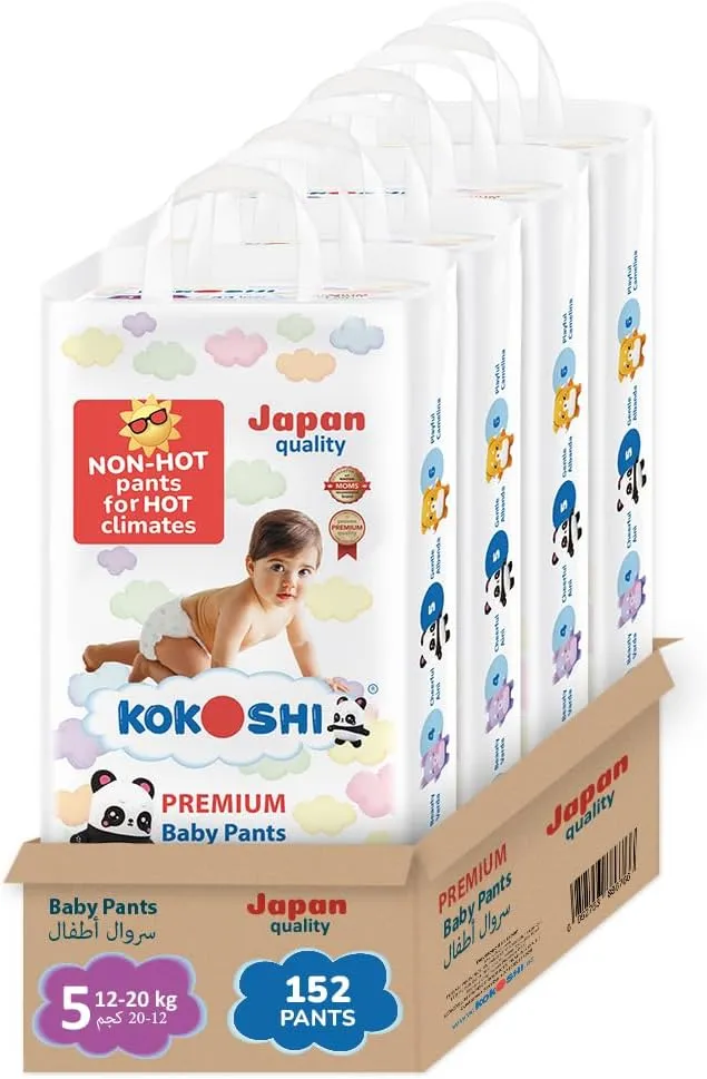 Kokoshi Premium Baby Pants Size 5 (12– ), 152 Pcs – Ultra-Soft, Hypoallergenic, 12h Protection, Breathable, Leak-Proof Japanese Pull-Up Nappies