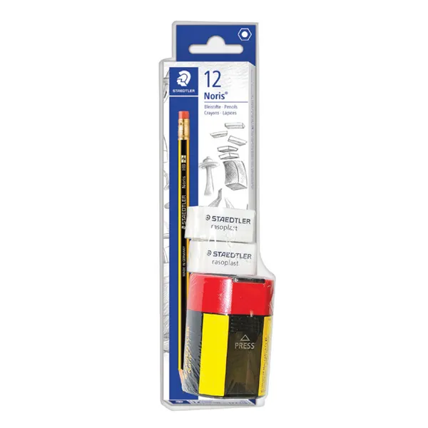 Staedtler 12 Noris Graphite Pencil with 2 Erazer & Tub Sharpener - 4 Pieces