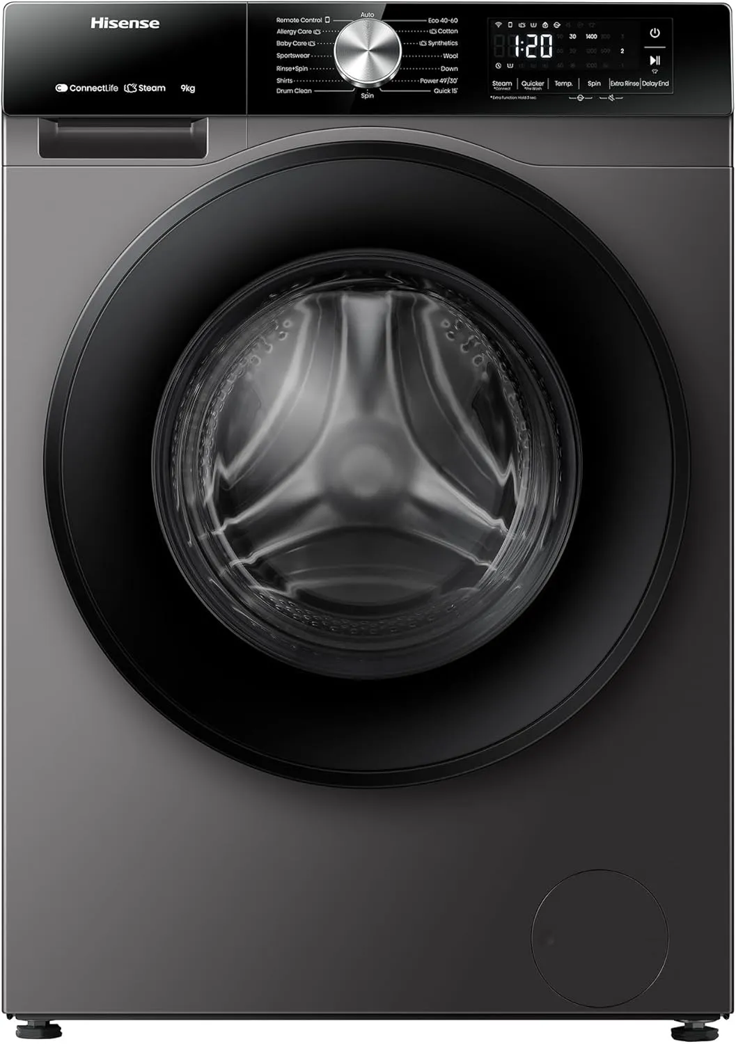 Hisense غسالة WF3S9043BT سلسلة 3S بمحرك انفرتر وواي فاي ذكي Smart WiFi وسرعة 1400 RPM و15 برنامج وغسيل تلقائي بلون Titanium Grey
