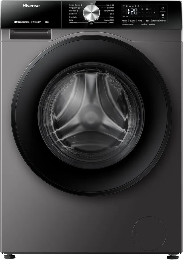 Hisense WF3S9043BT 3S Series Washing Machine with Inverter Motor, Smart WiFi, 1400 RPM, 15 Programs, Auto Wash, Titanium Grey