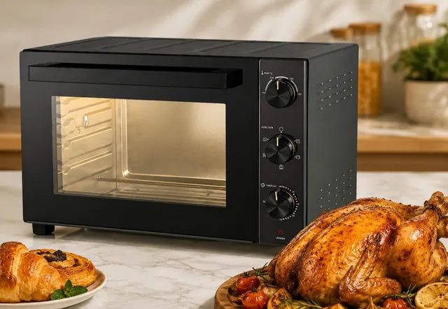 Oakriver Electric Oven, 1500W Countertop Oven with 100-230°C Temperature Control, 60-MINUTE Timer, 5 Cooking Modes, Rotisserie, Convection, Double Glass Door & Interior Light