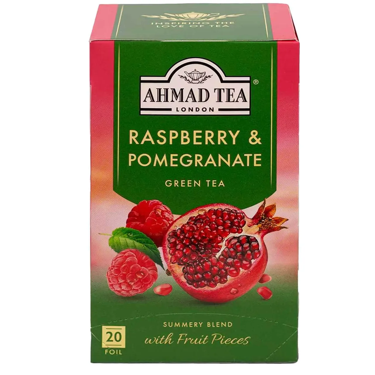 Ahmad Tea شاي أخضر بنكهة التوت والرمان مع قطع الفاكهة 20 كيس شاي