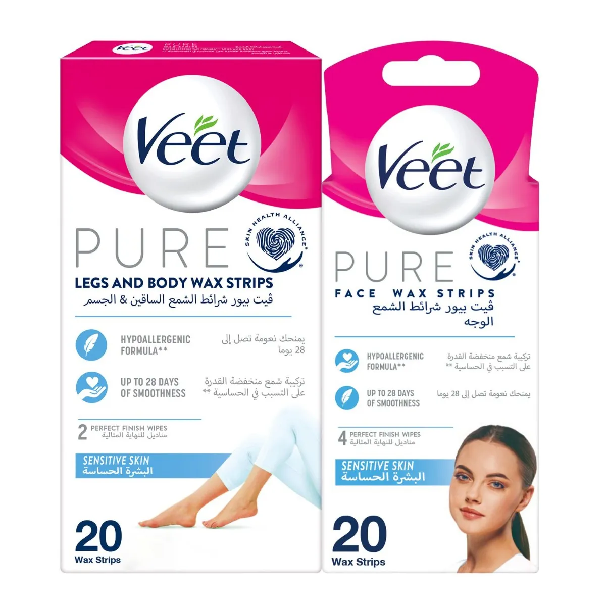 Veet شرائح شمع لإزالة الشعر للبشرة الحساسة - للساقين والجسم 20 Strips + للوجه 20 Strips